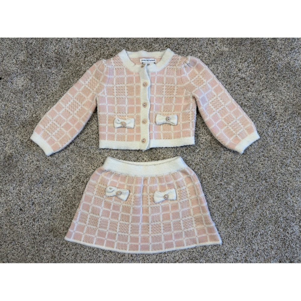 Cupcakes and Cashmere Sweater Skirt Set Kids 12M Pink Plaid Pearl-like Bows
